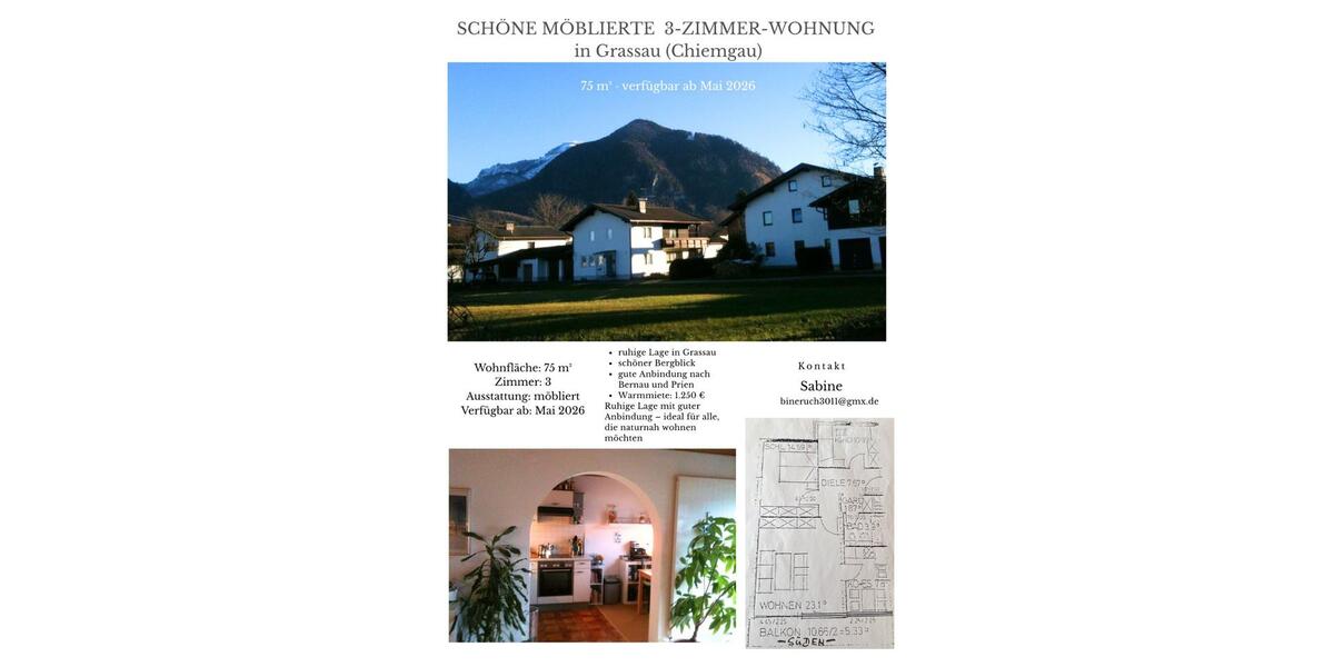 Etagenwohnung Staudach-Egerndach Egerndach - 3 Zimmer, 75 m&sup2;, 1.000&euro; | Angebot:25844483