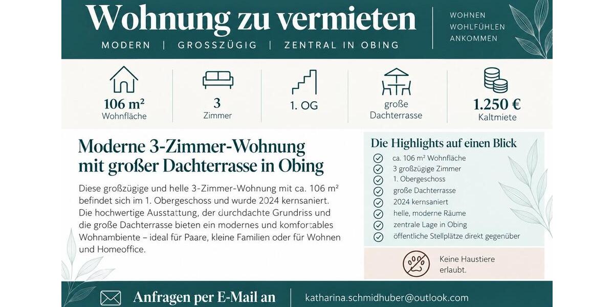 Etagenwohnung Obing - 3 Zimmer, 106 m&sup2;, 1.250&euro; | Angebot:27622484