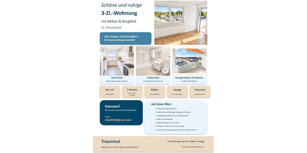 Etagenwohnung Traunreut Irsing - 3 Zimmer, 66 m&sup2;, 780&euro; | Angebot:27607631